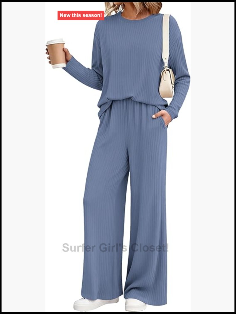 Ribbed Knit 2 Piece Lounge Set Long Sleeve Wide Leg Pants Casual Travel Outfit